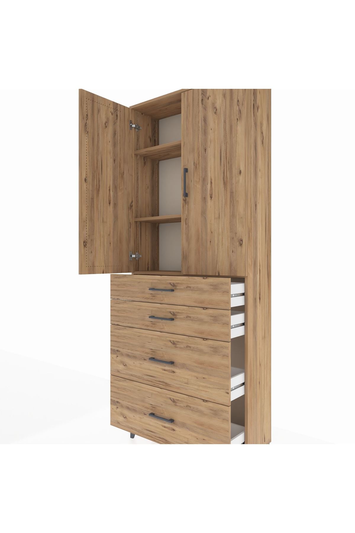 Arges Dolap 3 Raflı 4 Çekmeceli 2 Kapaklı 88x30x221 Çam-Çam