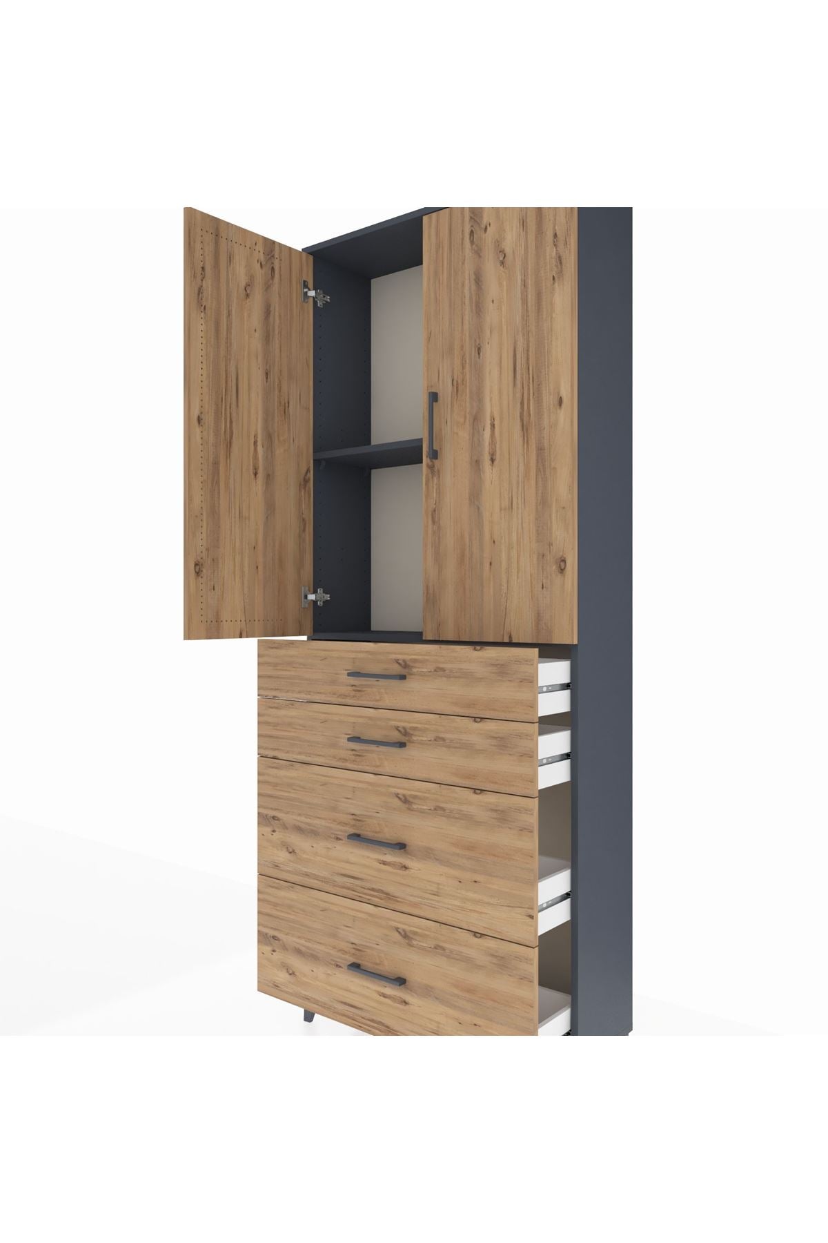 Arges Dolap 2 Raflı 4 Çekmeceli 2 Kapaklı 88x30x221 Antrasit-Çam