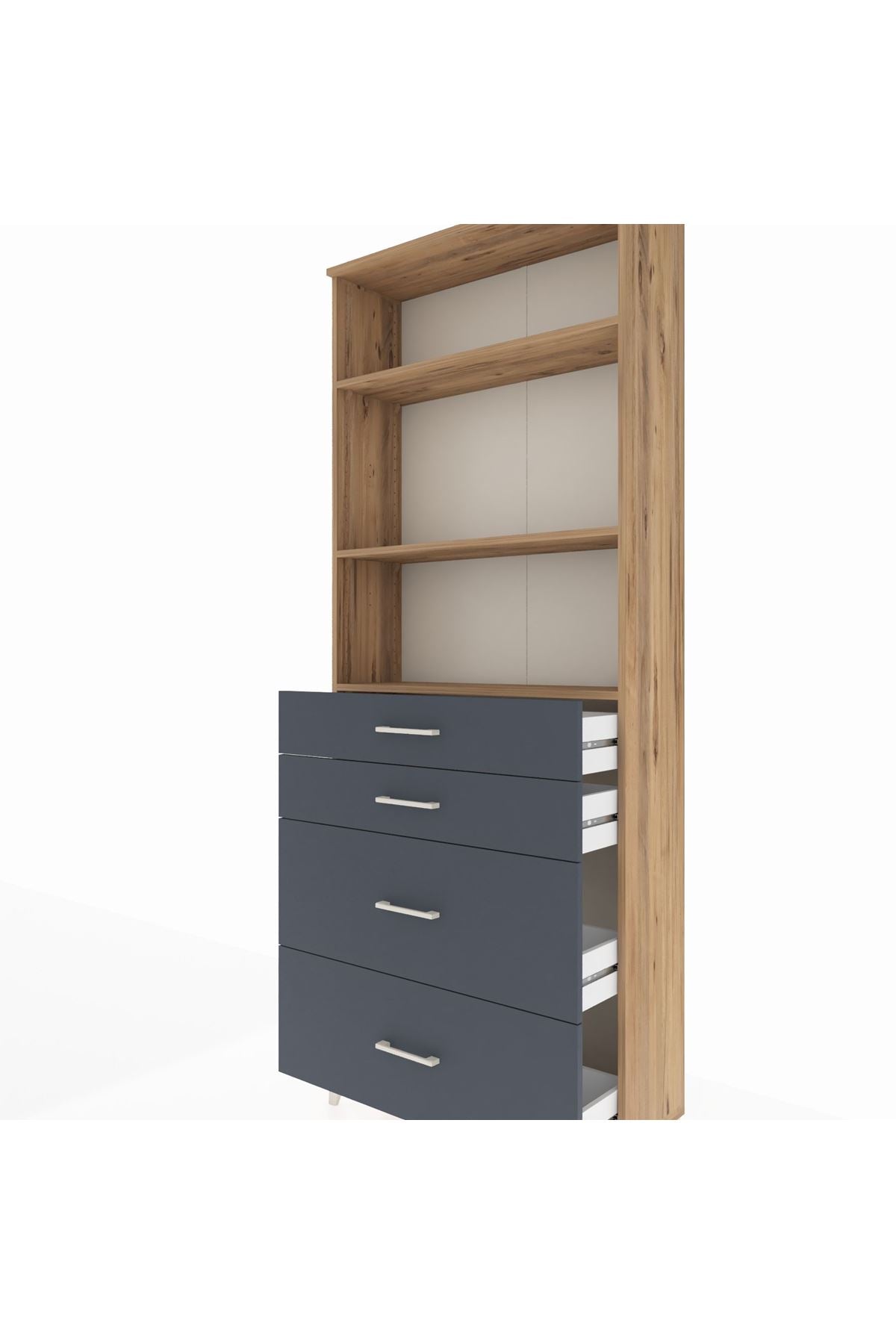 Arges Dolap 3 Raflı 4 Çekmeceli 88x30x221 Çam-Antrasit