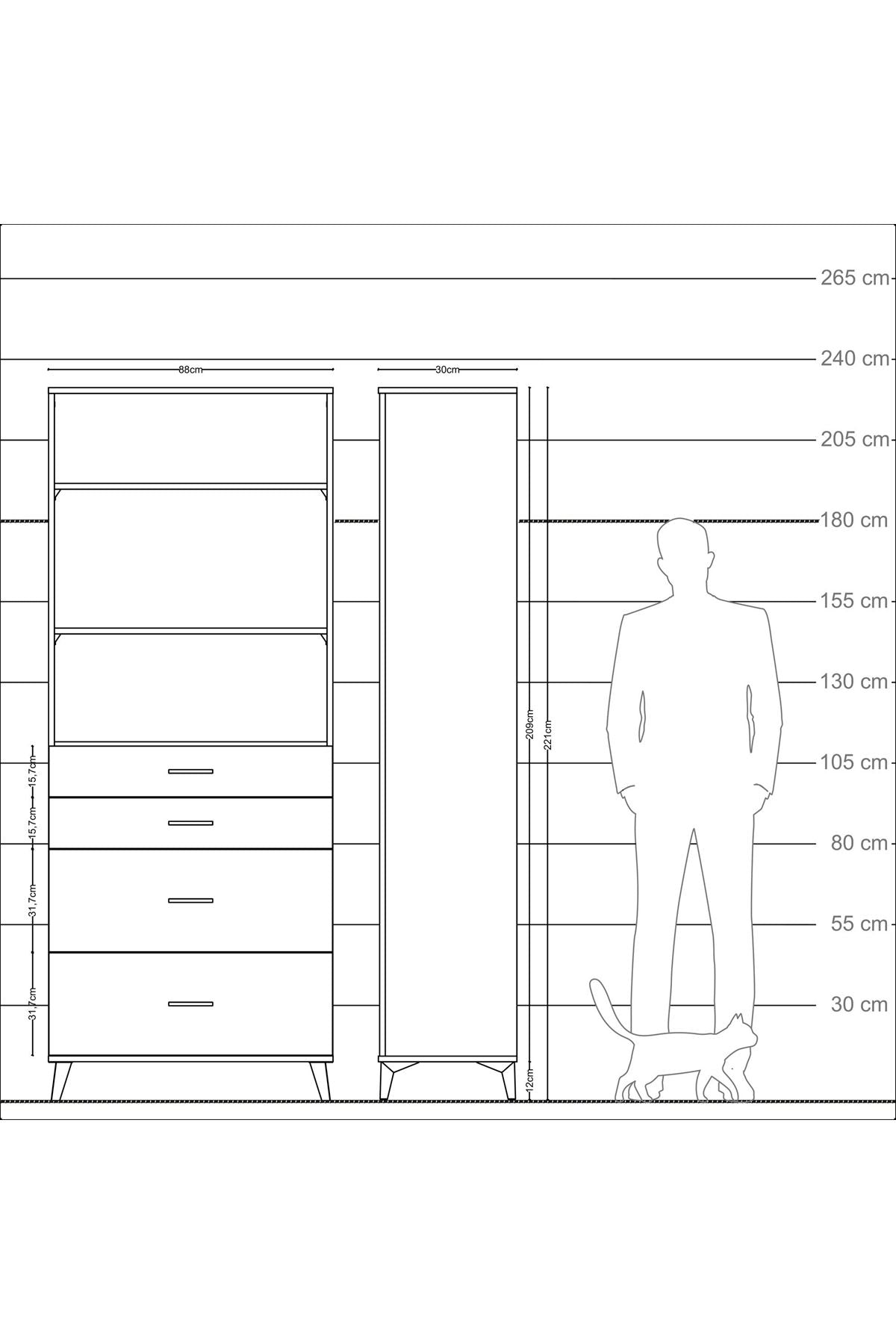 Arges Dolap 3 Raflı 4 Çekmeceli 88x30x221 Çam-Çam