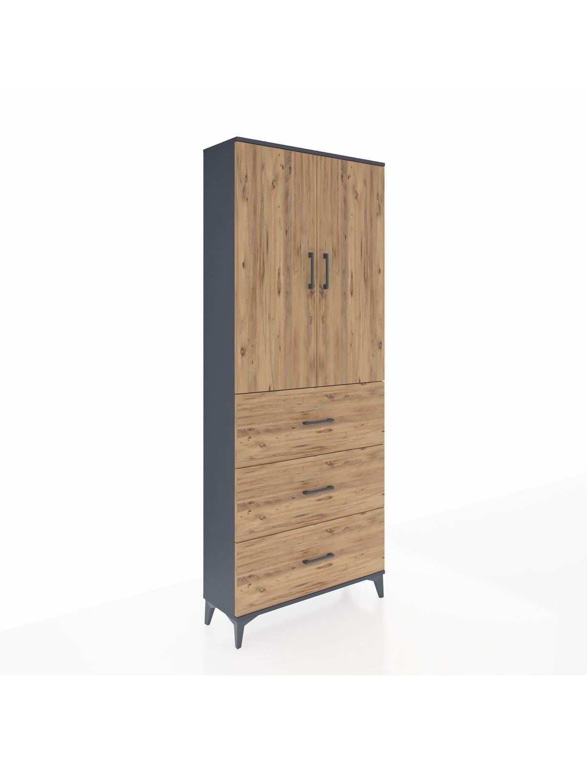Arges Dolap 3 Raflı 3 Çekmeceli 2 Kapaklı 88x30x221 Antrasit-Çam