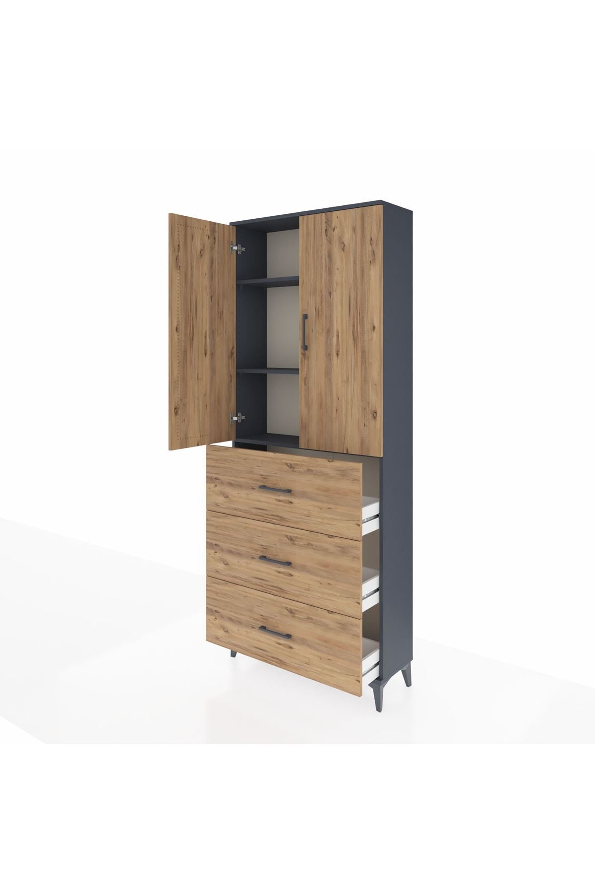 Arges Dolap 3 Raflı 3 Çekmeceli 2 Kapaklı 88x30x221 Antrasit-Çam