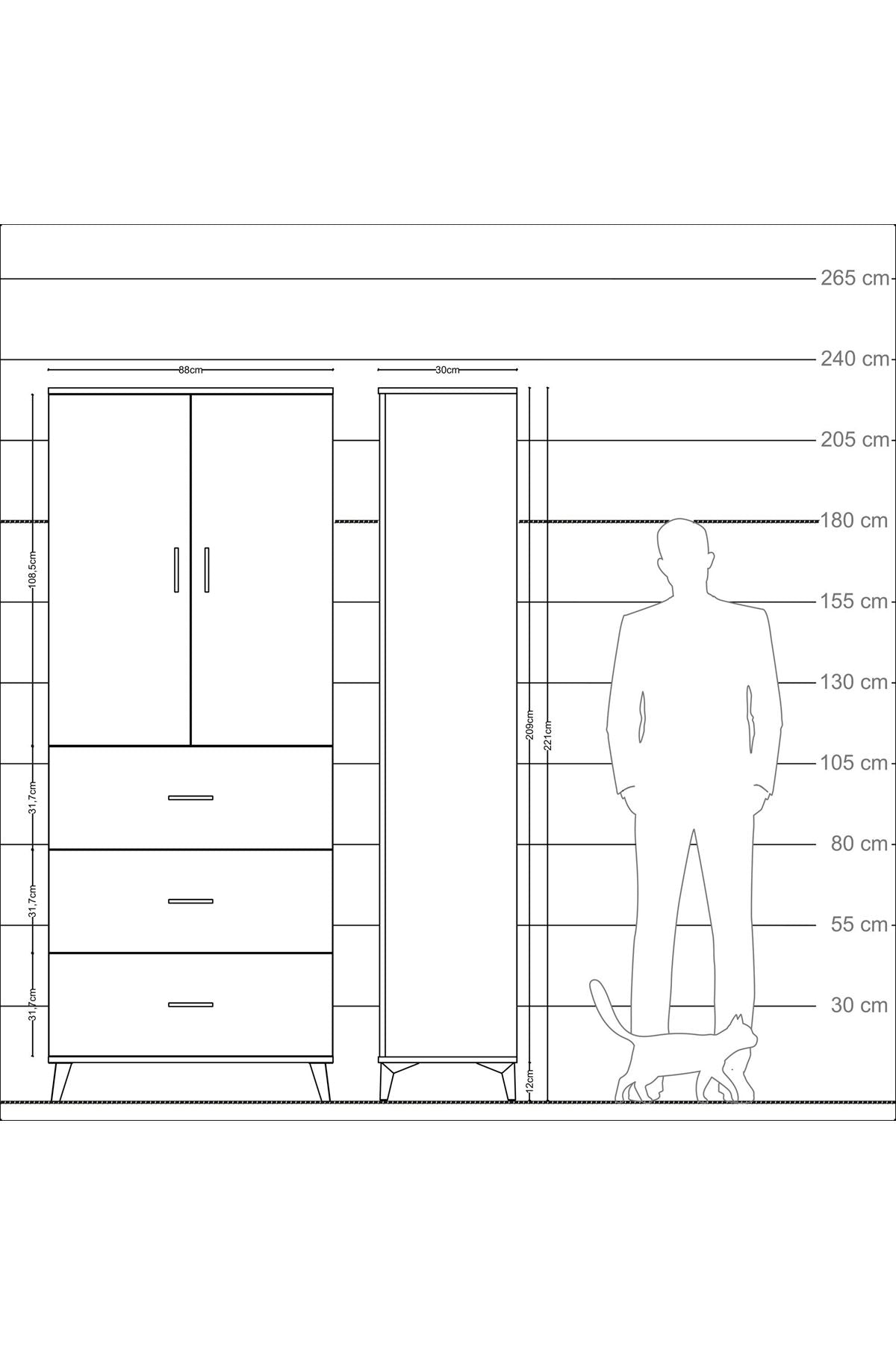 Arges Dolap 2 Raflı 3 Çekmeceli 2 Kapaklı 88x30x221 Antrasit-Çam