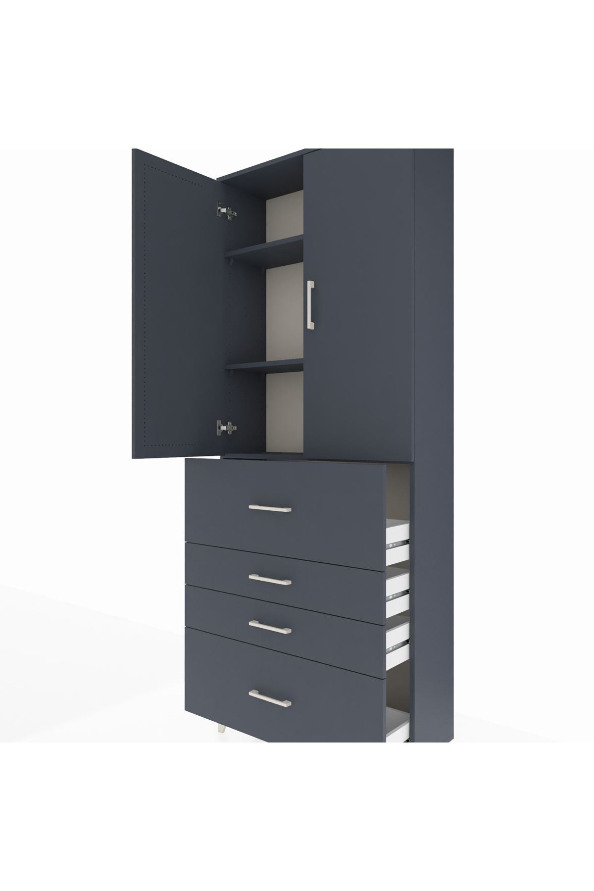 Arges Dolap 3 Raflı 4 Çekmeceli 2 Kapaklı 88x30x221 Antrasit-Antrasit