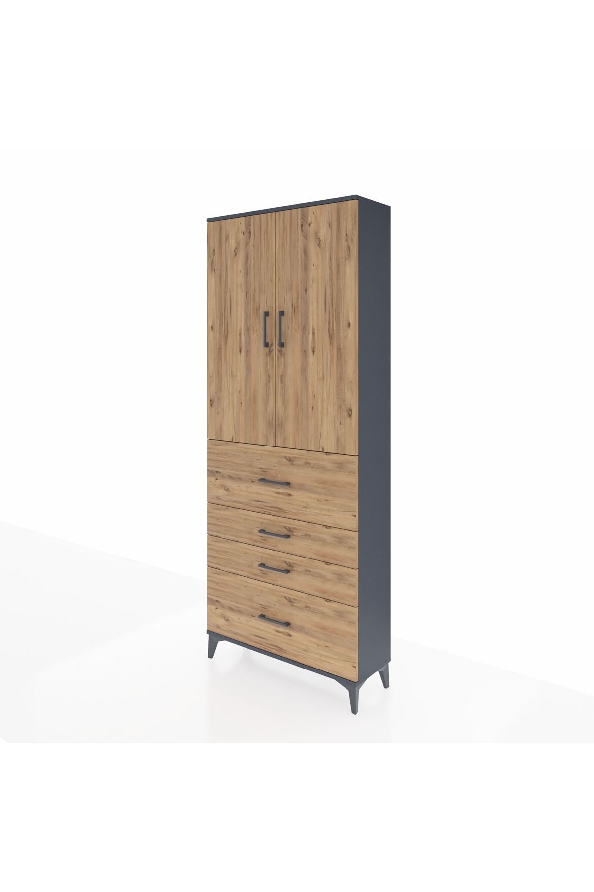 Arges Dolap 3 Raflı 4 Çekmeceli 2 Kapaklı 88x30x221 Antrasit-Çam