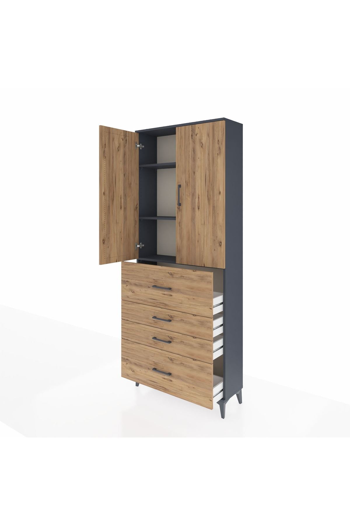 Arges Dolap 3 Raflı 4 Çekmeceli 2 Kapaklı 88x30x221 Antrasit-Çam