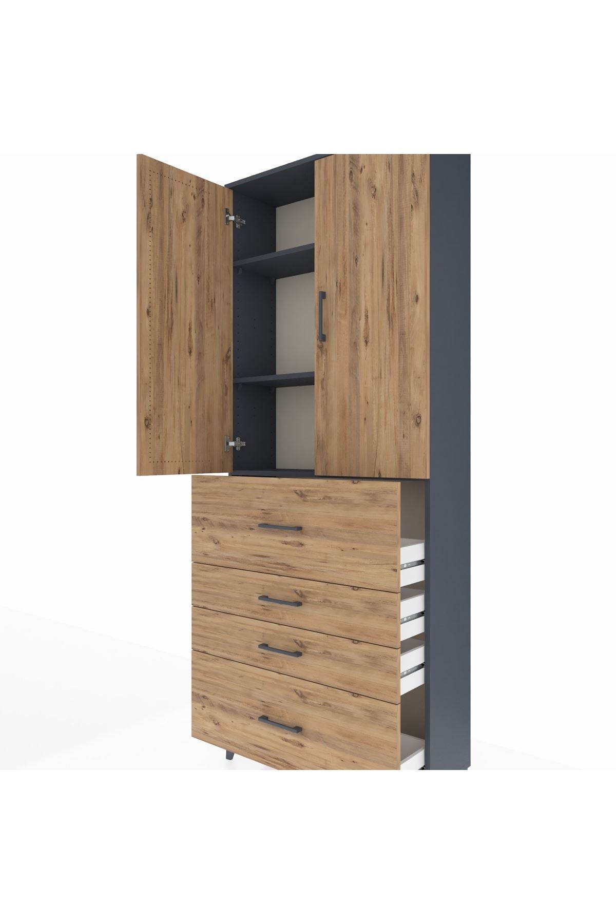 Arges Dolap 3 Raflı 4 Çekmeceli 2 Kapaklı 88x30x221 Antrasit-Çam