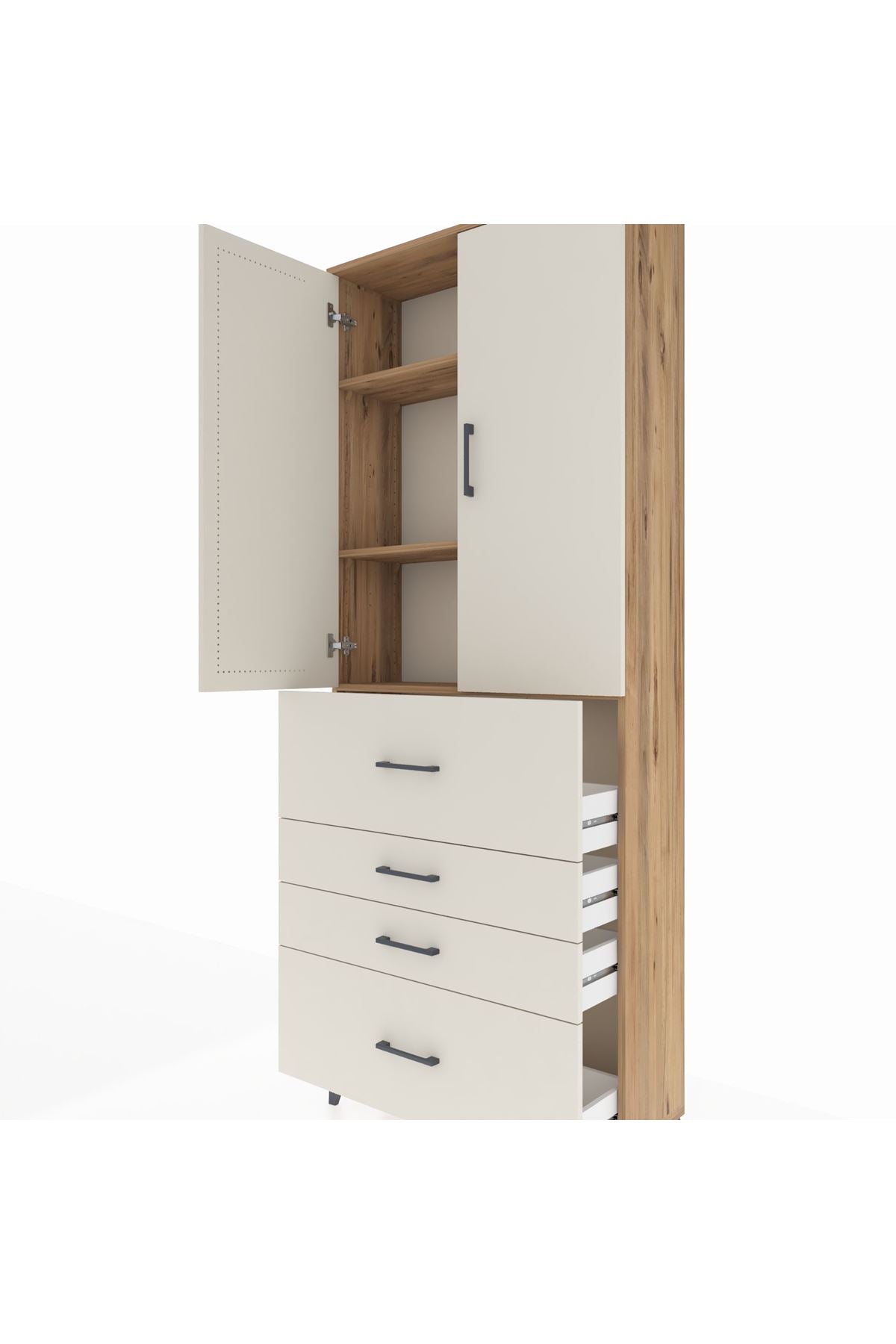 Arges Dolap 3 Raflı 4 Çekmeceli 2 Kapaklı 88x30x221 Çam-Aytaşı