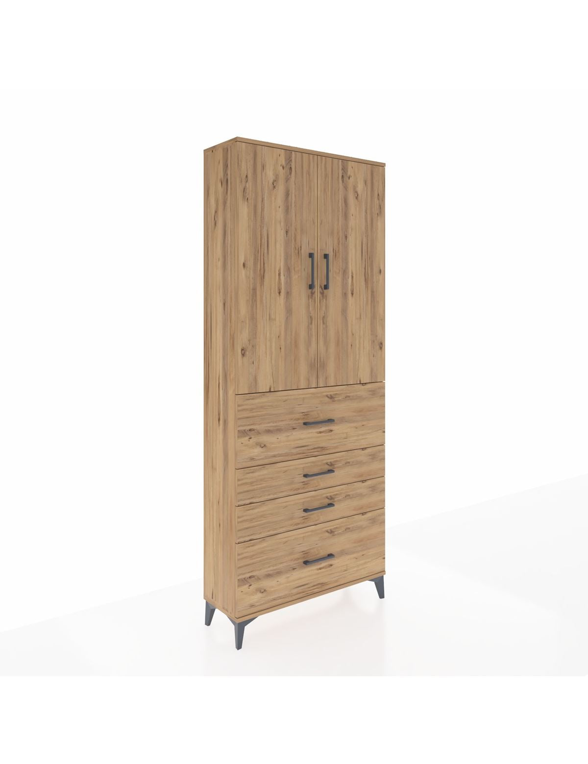 Arges Dolap 3 Raflı 4 Çekmeceli 2 Kapaklı 88x30x221 Çam-Çam