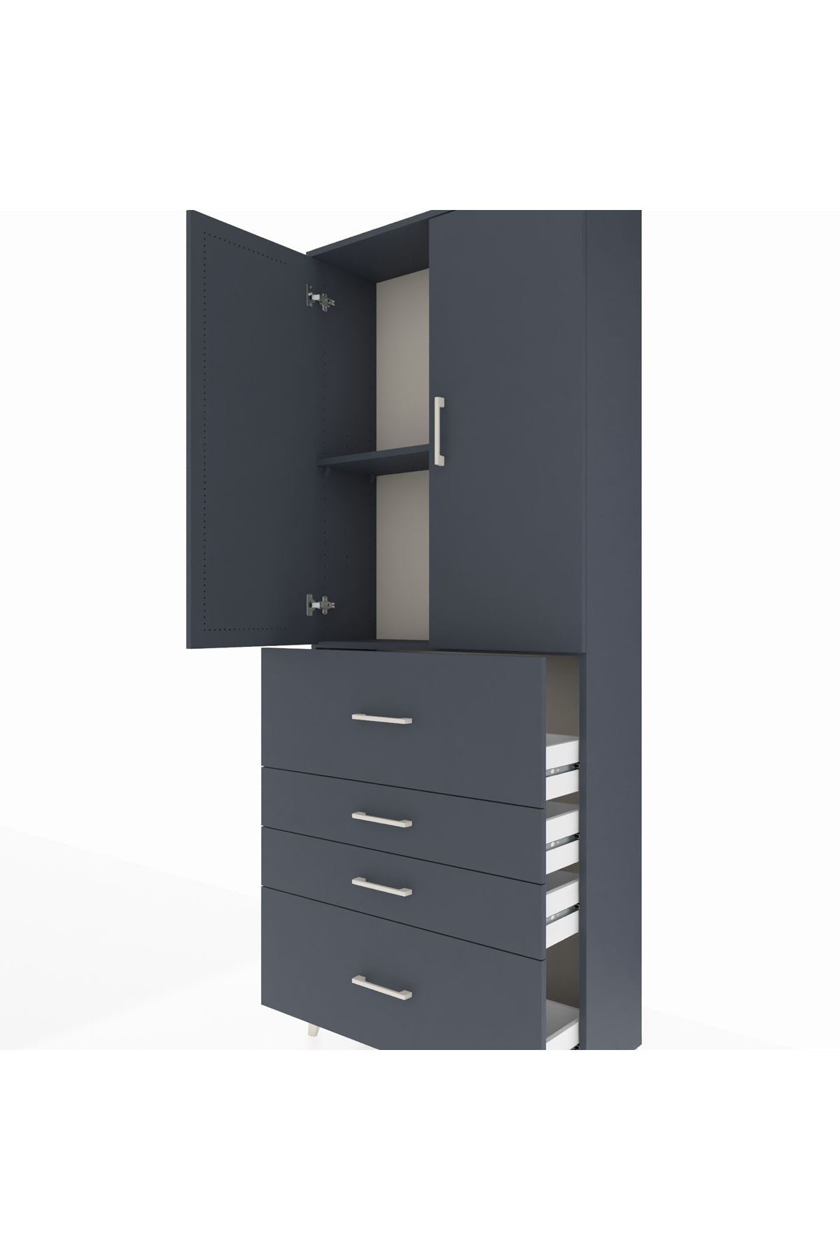 Arges Dolap 2 Raflı 4 Çekmeceli 2 Kapaklı 88x30x221 Antrasit-Antrasit