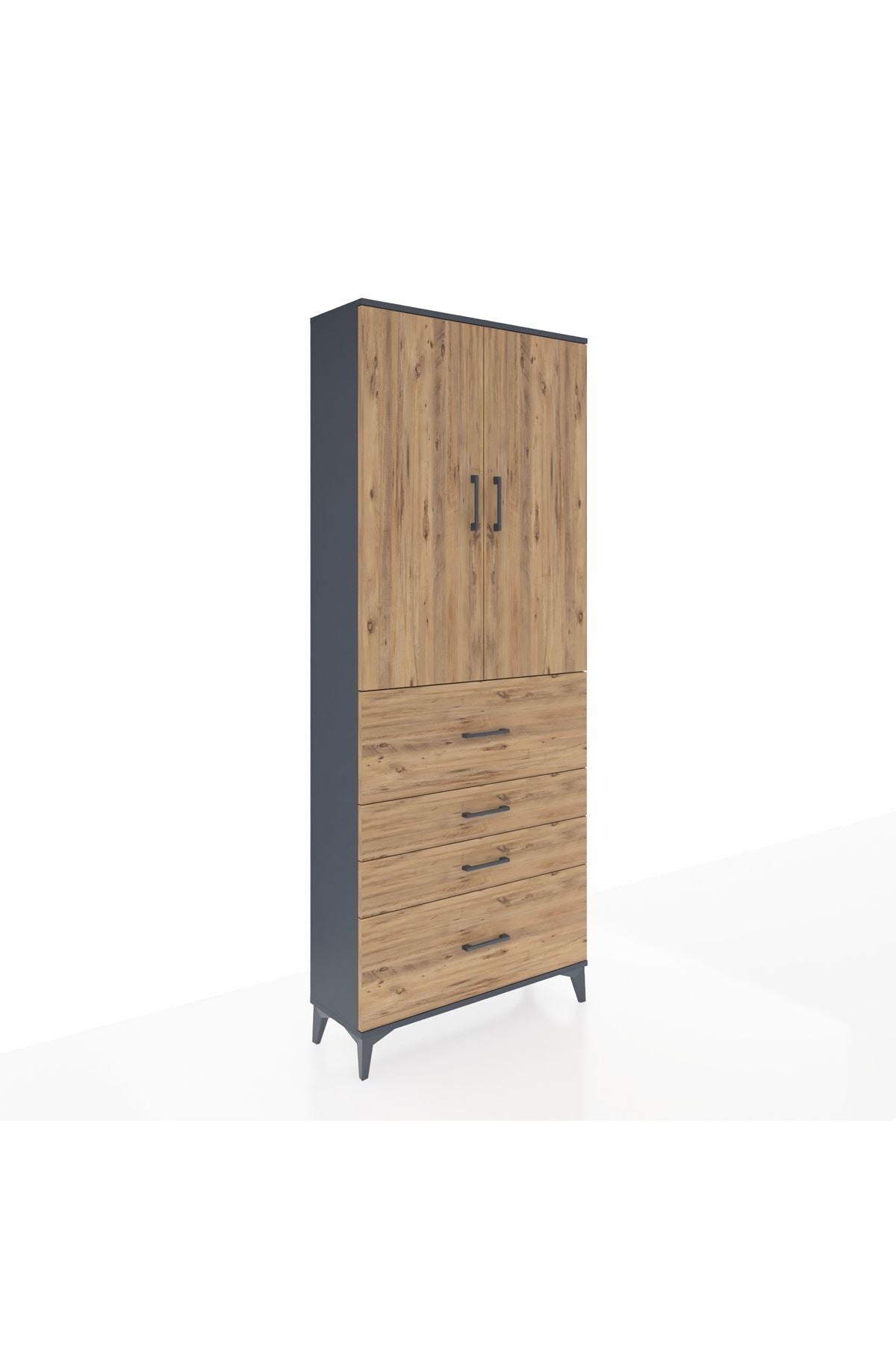 Arges Dolap 2 Raflı 4 Çekmeceli 2 Kapaklı 88x30x221 Antrasit-Çam