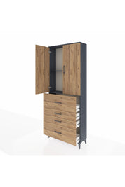 Arges Dolap 2 Raflı 4 Çekmeceli 2 Kapaklı 88x30x221 Antrasit-Çam