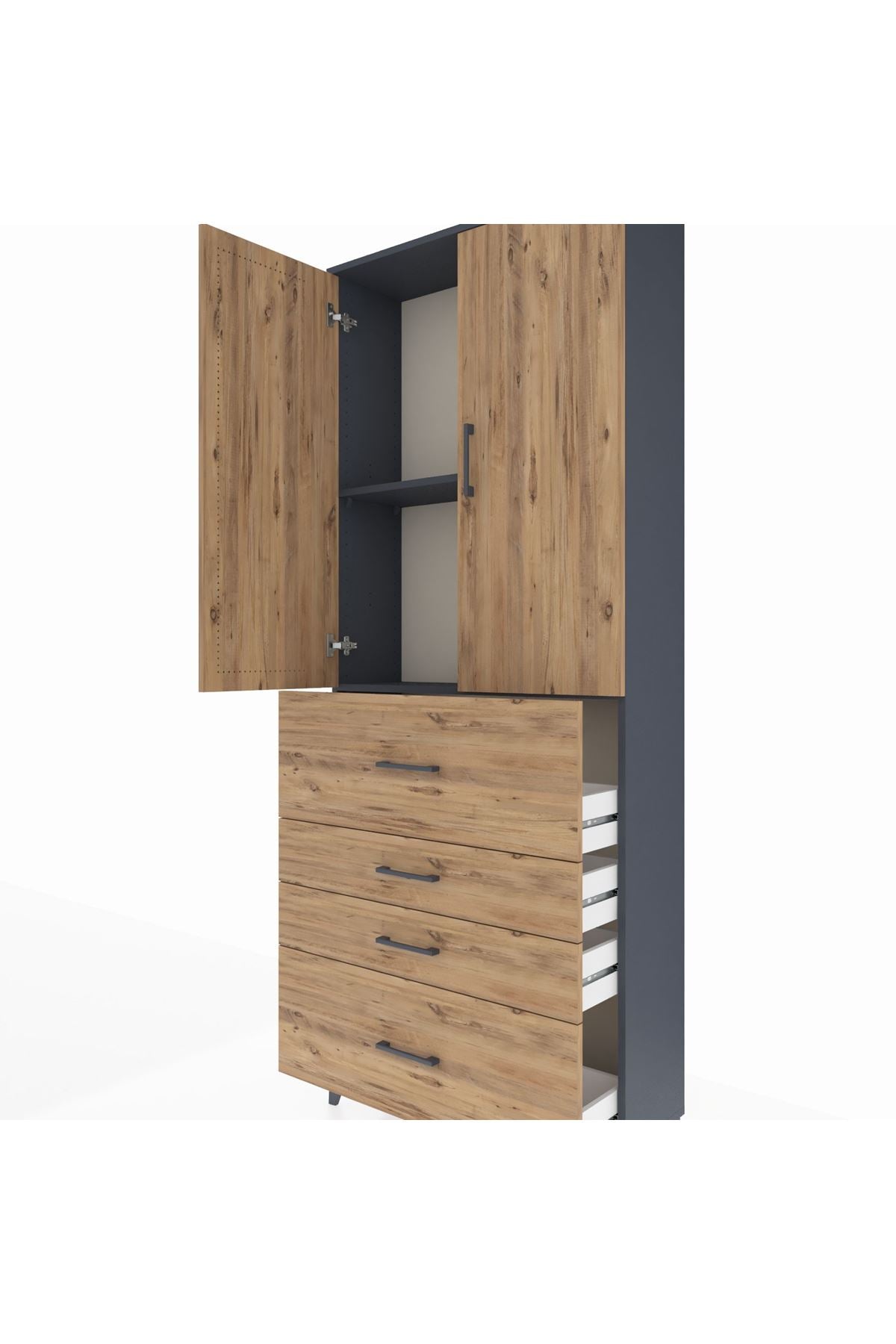 Arges Dolap 2 Raflı 4 Çekmeceli 2 Kapaklı 88x30x221 Antrasit-Çam