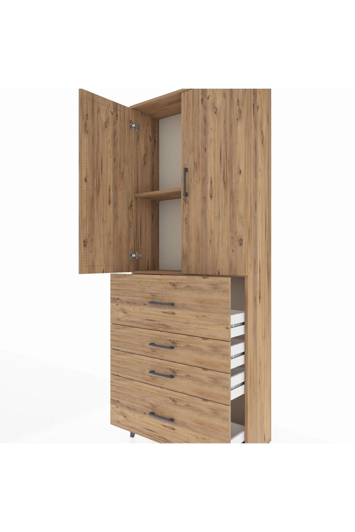 Arges Dolap 2 Raflı 4 Çekmeceli 2 Kapaklı 88x30x221 Çam-Çam