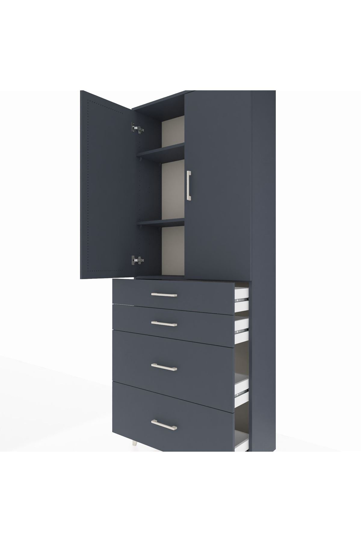 Arges Dolap 3 Raflı 4 Çekmeceli 2 Kapaklı 88x30x221 Antrasit-Antrasit