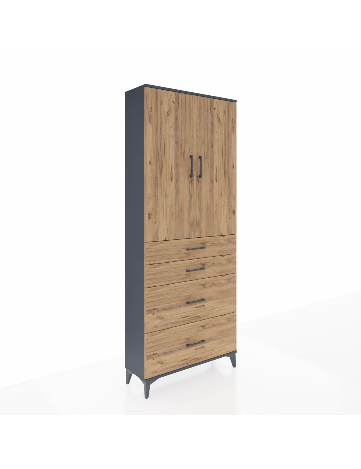 Arges Dolap 3 Raflı 4 Çekmeceli 2 Kapaklı 88x30x221 Antrasit-Çam