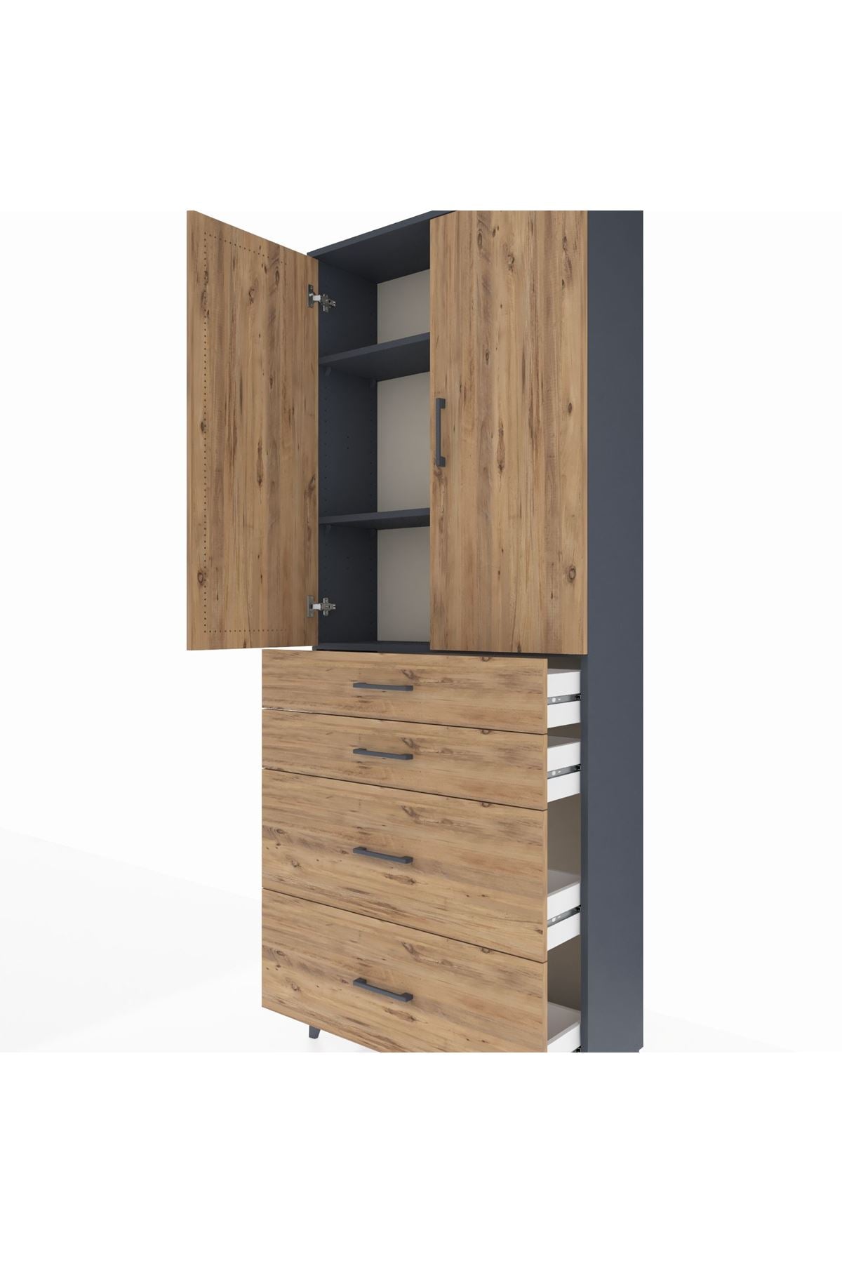 Arges Dolap 3 Raflı 4 Çekmeceli 2 Kapaklı 88x30x221 Antrasit-Çam