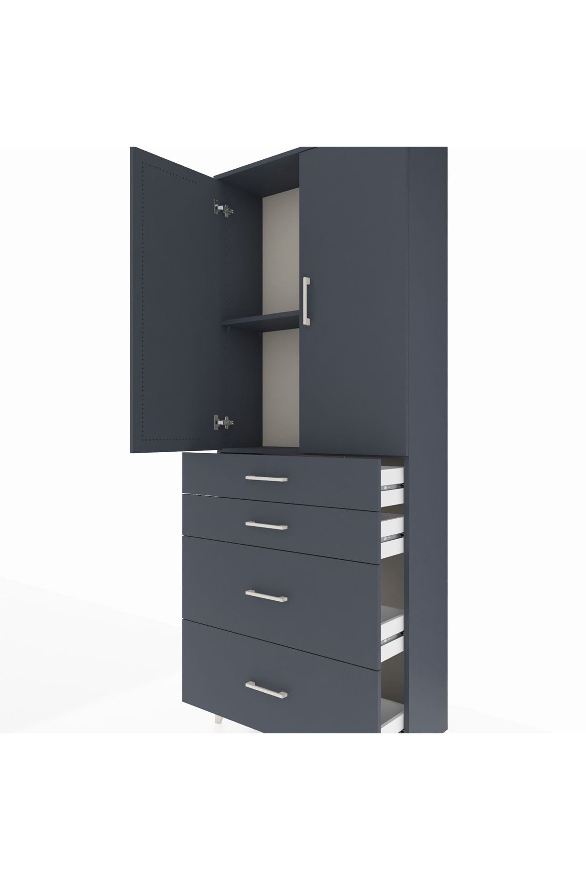 Arges Dolap 2 Raflı 4 Çekmeceli 2 Kapaklı 88x30x221 Antrasit-Antrasit