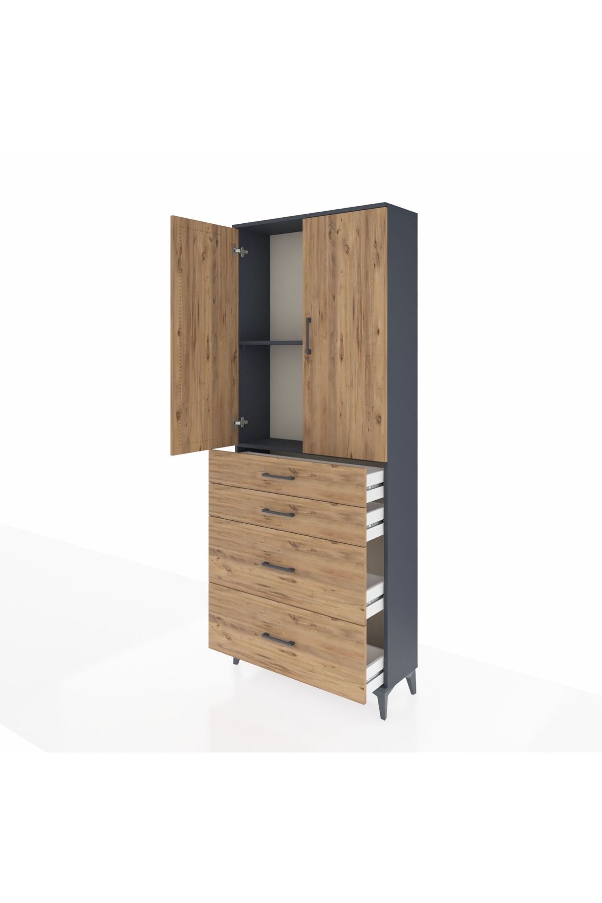 Arges Dolap 2 Raflı 4 Çekmeceli 2 Kapaklı 88x30x221 Antrasit-Çam