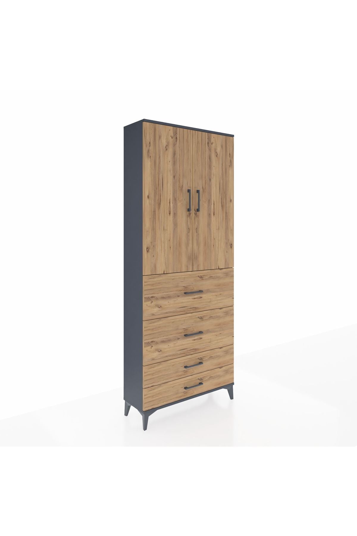 Arges Dolap 3 Raflı 4 Çekmeceli 2 Kapaklı 88x30x221 Antrasit-Çam