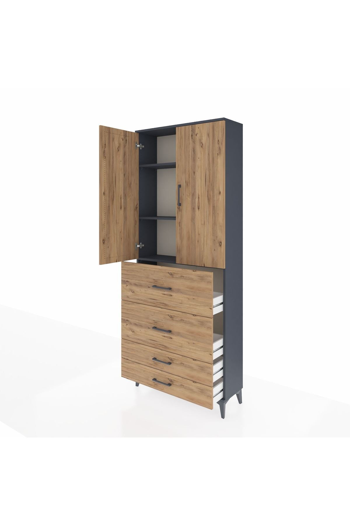 Arges Dolap 3 Raflı 4 Çekmeceli 2 Kapaklı 88x30x221 Antrasit-Çam