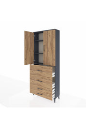 Arges Dolap 3 Raflı 4 Çekmeceli 2 Kapaklı 88x30x221 Antrasit-Çam