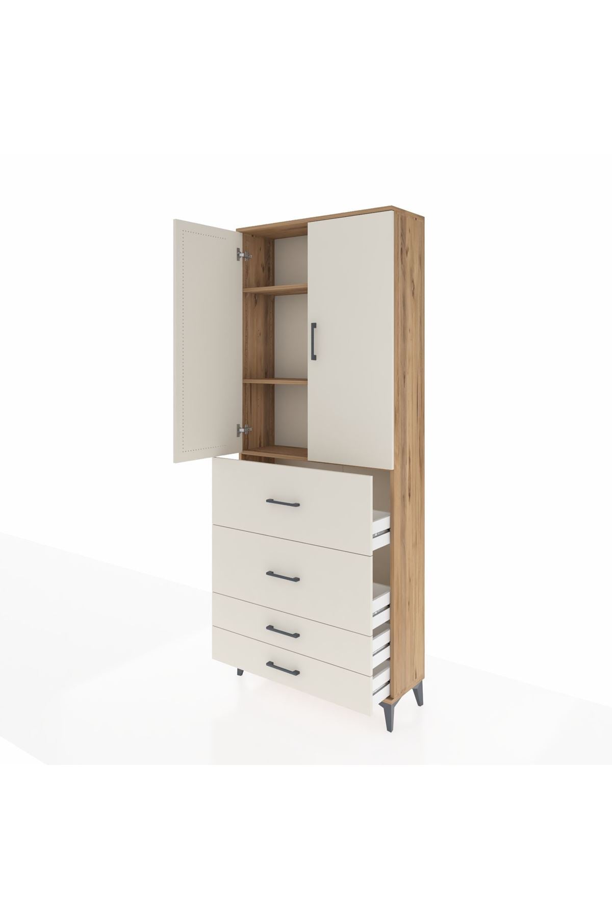 Arges Dolap 3 Raflı 4 Çekmeceli 2 Kapaklı 88x30x221 Çam-Aytaşı