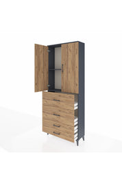 Arges Dolap 2 Raflı 4 Çekmeceli 2 Kapaklı 88x30x221 Antrasit-Çam