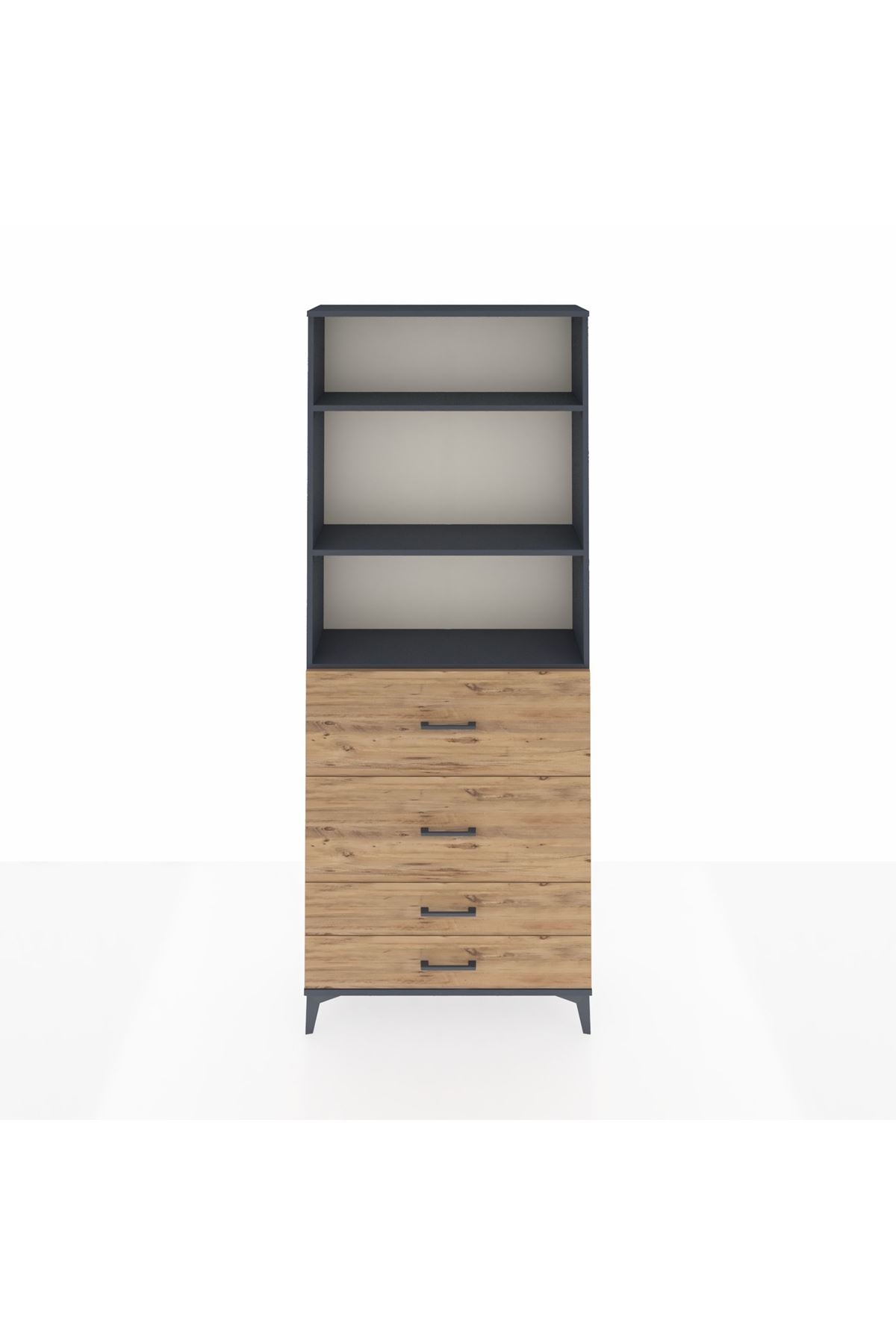 Arges Dolap 3 Raflı 4 Çekmeceli 88x30x221 Antrasit-Çam