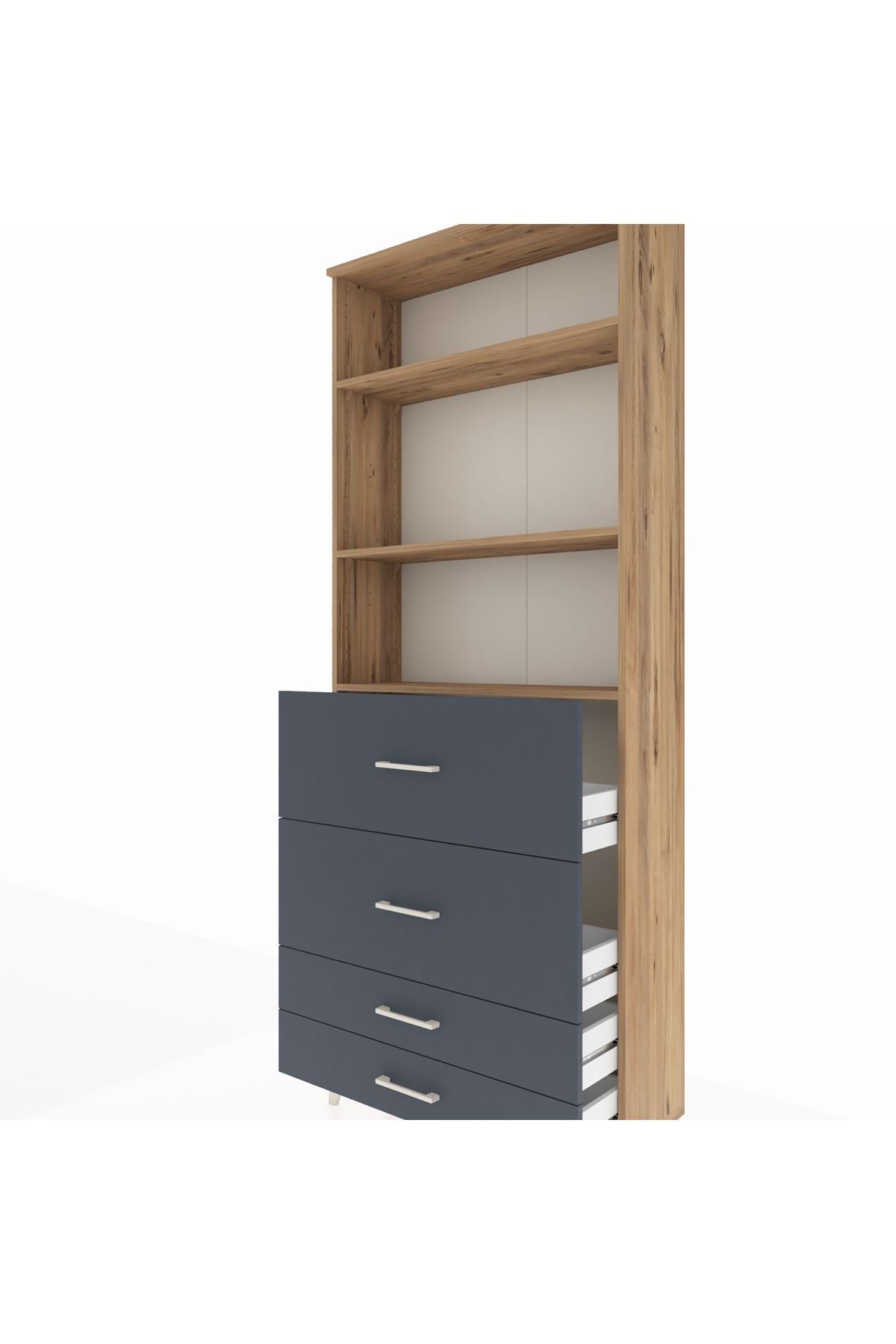 Arges Dolap 3 Raflı 4 Çekmeceli 88x30x221 Çam-Antrasit