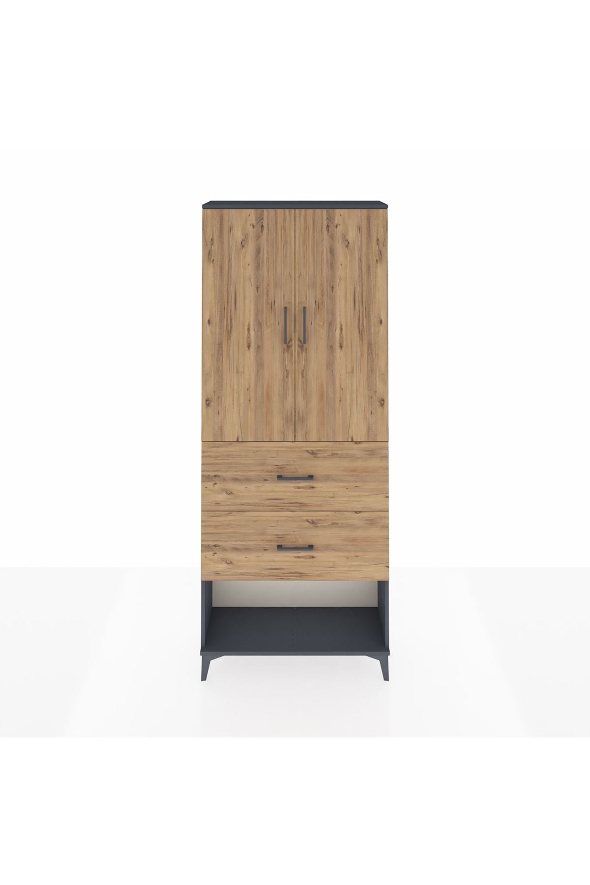 Arges Dolap 2 Raflı 2 Çekmeceli 2 Kapaklı 88x30x221 Antrasit-Çam