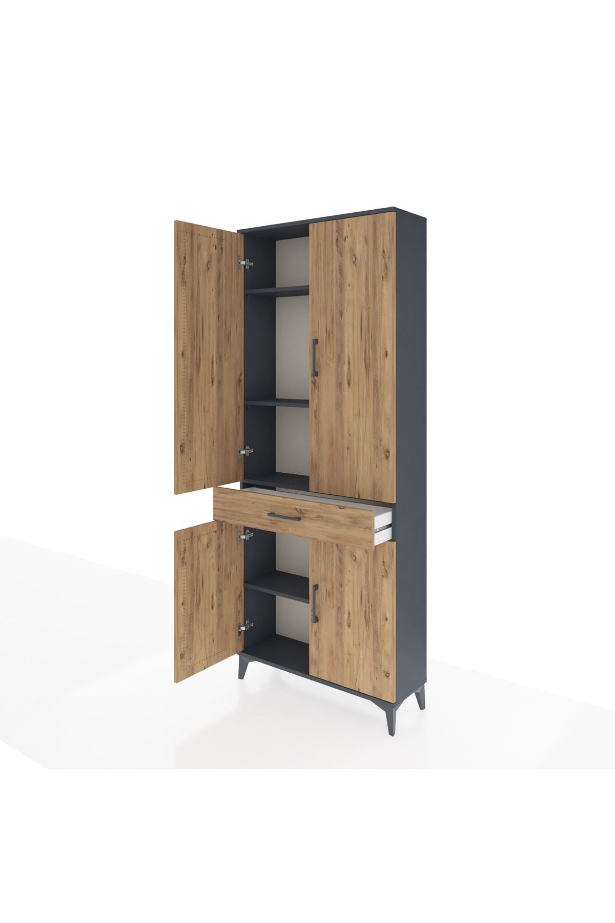 Arges Dolap 4 Raflı Tek Çekmeceli 4 Kapaklı 88x30x221 Antrasit-Çam