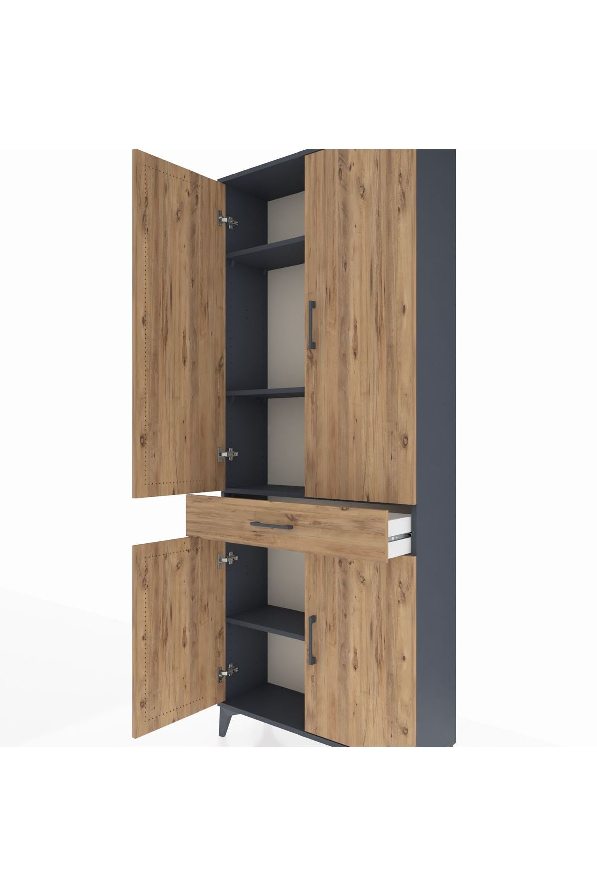 Arges Dolap 4 Raflı Tek Çekmeceli 4 Kapaklı 88x30x221 Antrasit-Çam