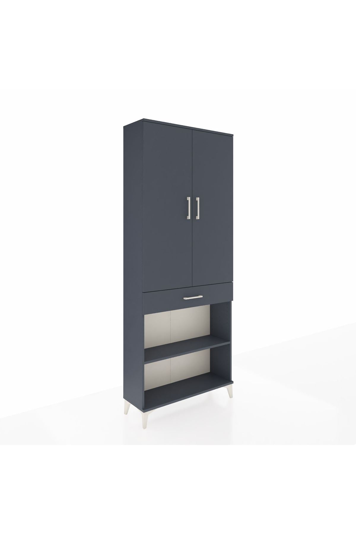 Arges Dolap 4 Raflı Tek Çekmeceli 2 Kapaklı 88x30x221 Antrasit-Antrasit