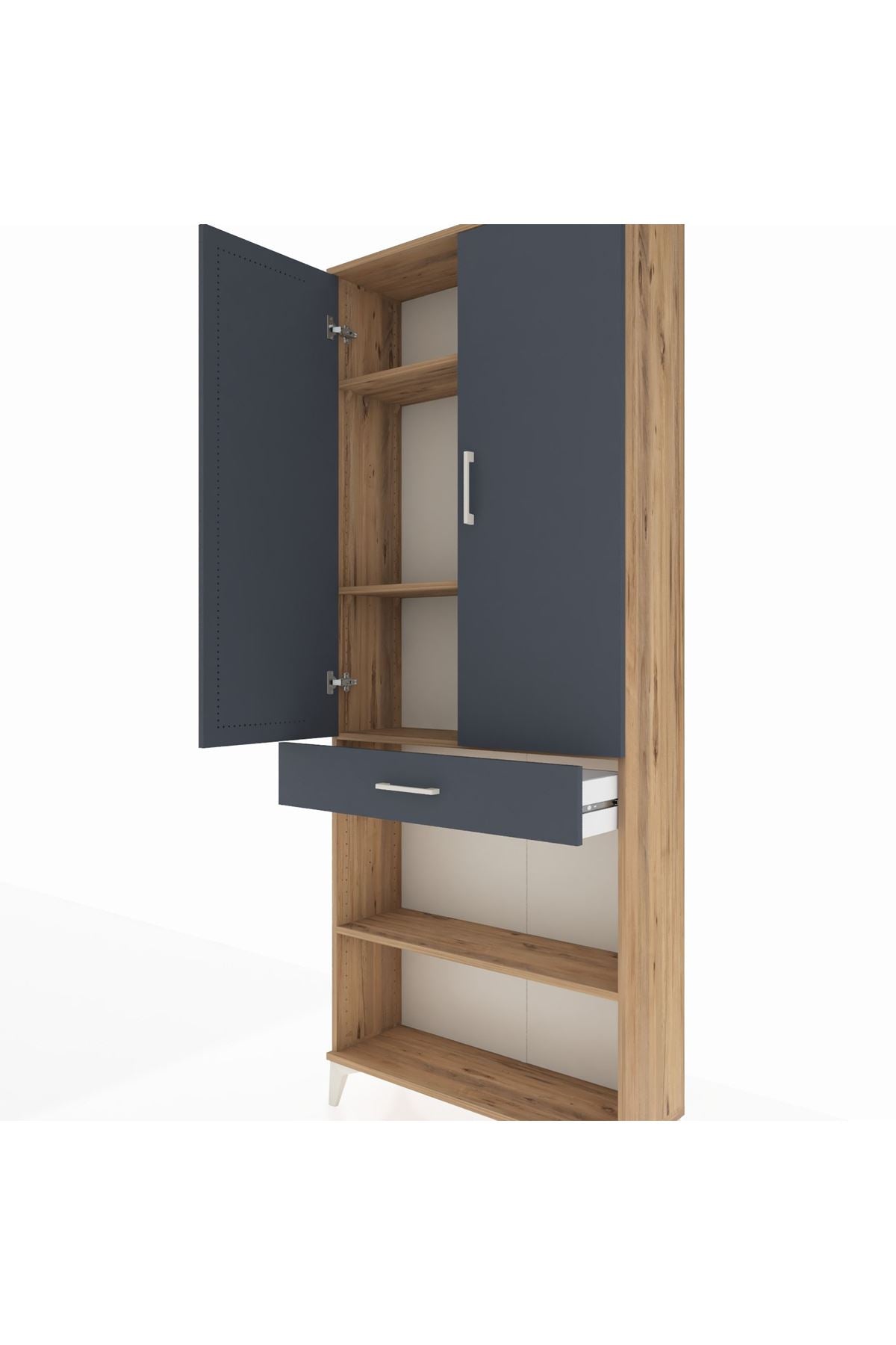 Arges Dolap 4 Raflı Tek Çekmeceli 2 Kapaklı 88x30x221 Çam-Antrasit