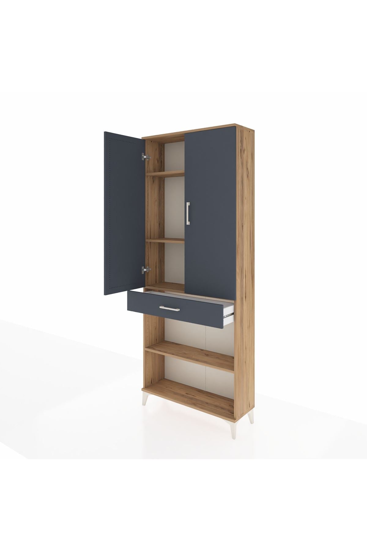 Arges Dolap 4 Raflı Tek Çekmeceli 2 Kapaklı 88x30x221 Çam-Antrasit