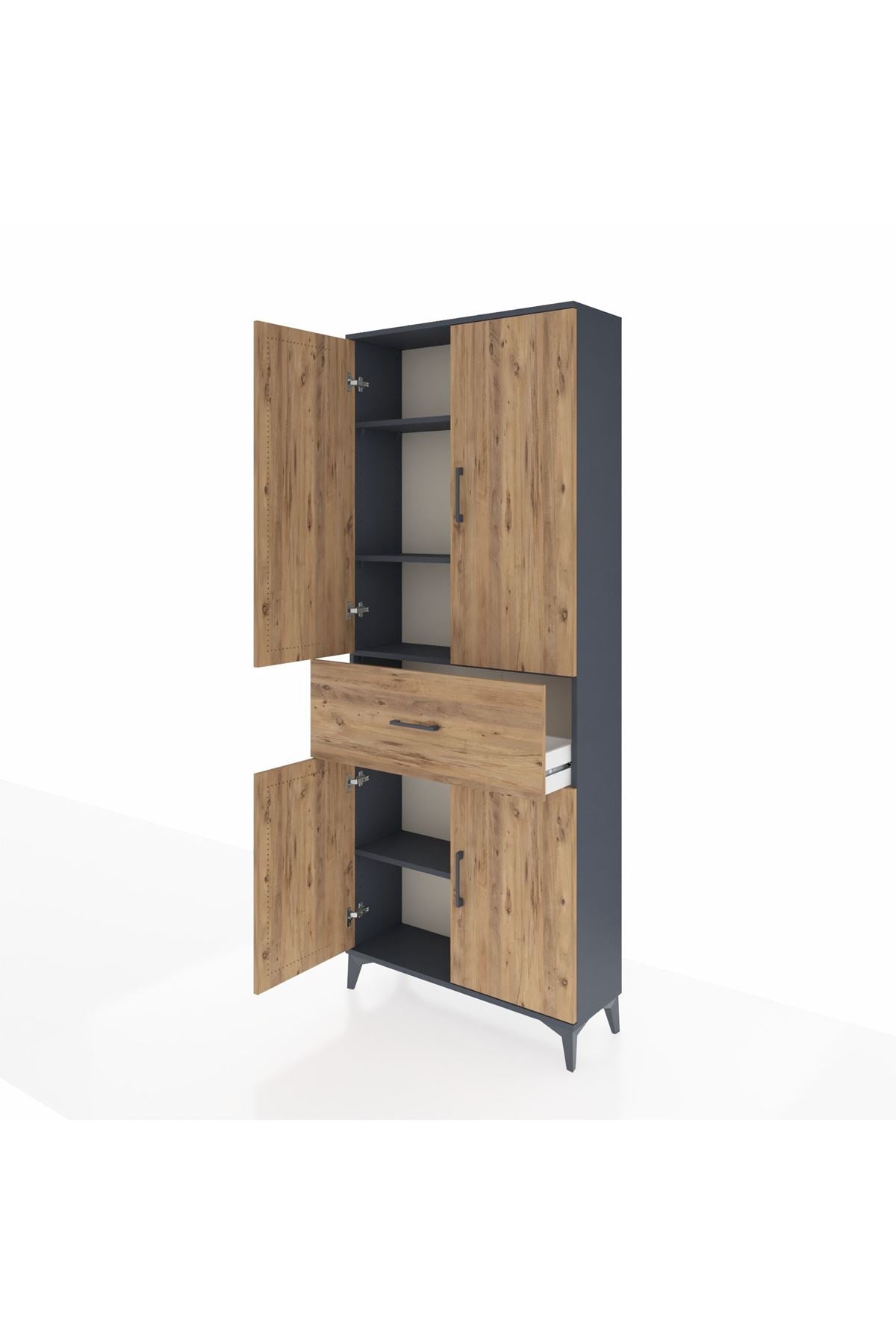 Arges Dolap 4 Raflı Tek Çekmeceli 4 Kapaklı 88x30x221 Antrasit-Çam