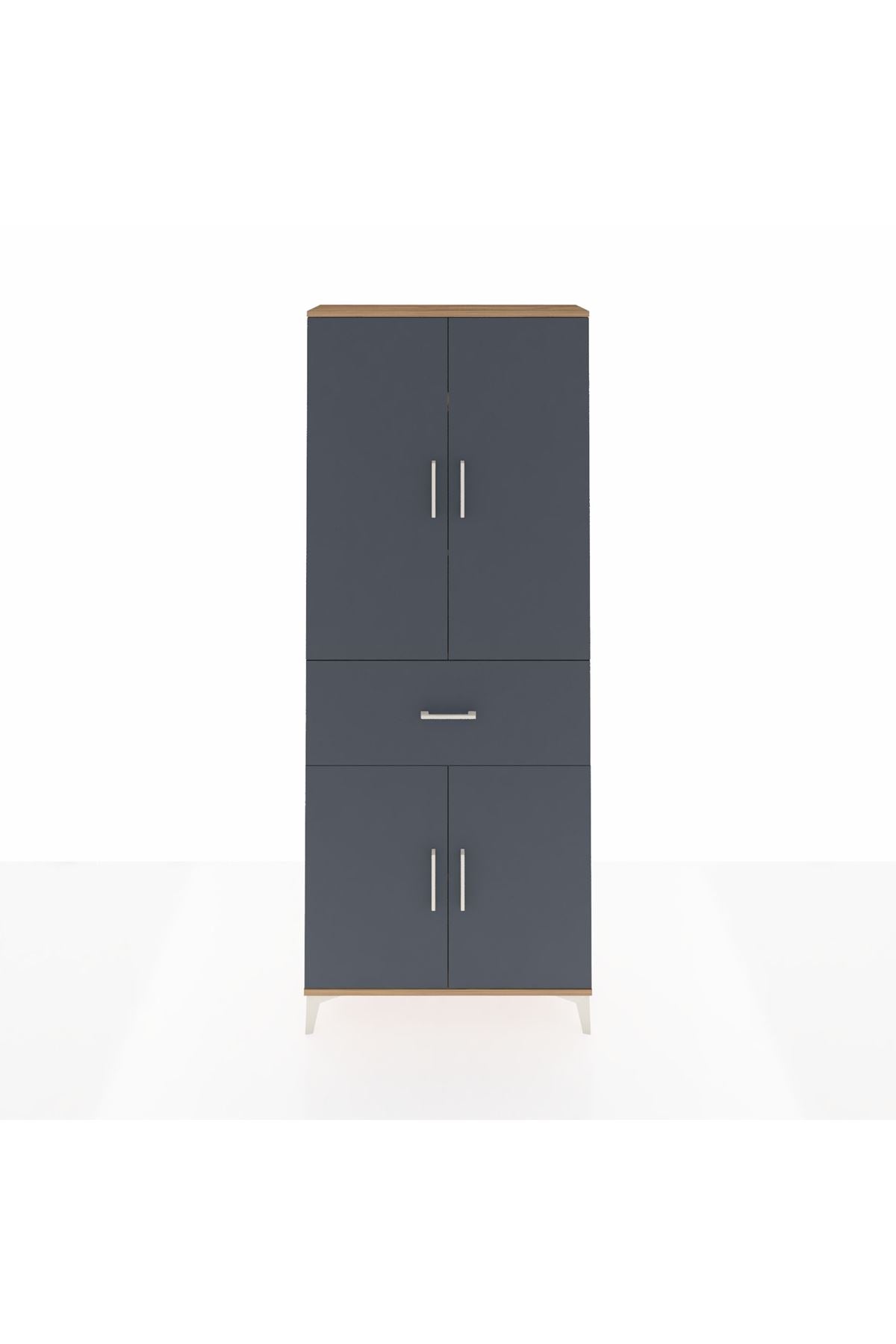 Arges Dolap 4 Raflı Tek Çekmeceli 4 Kapaklı 88x30x221 Çam-Antrasit