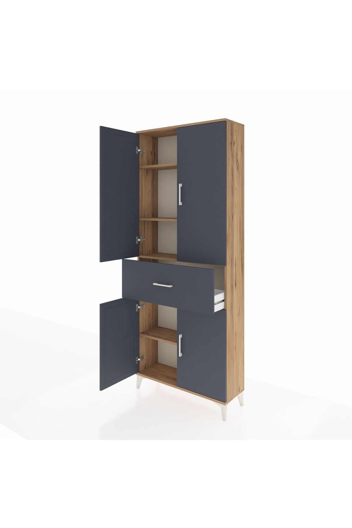 Arges Dolap 4 Raflı Tek Çekmeceli 4 Kapaklı 88x30x221 Çam-Antrasit