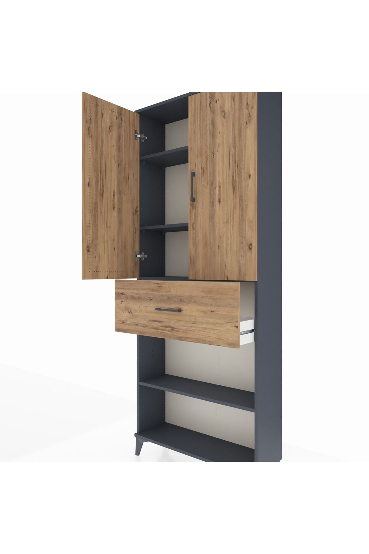 Arges Dolap 4 Raflı Tek Çekmeceli 2 Kapaklı 88x30x221 Antrasit-Çam