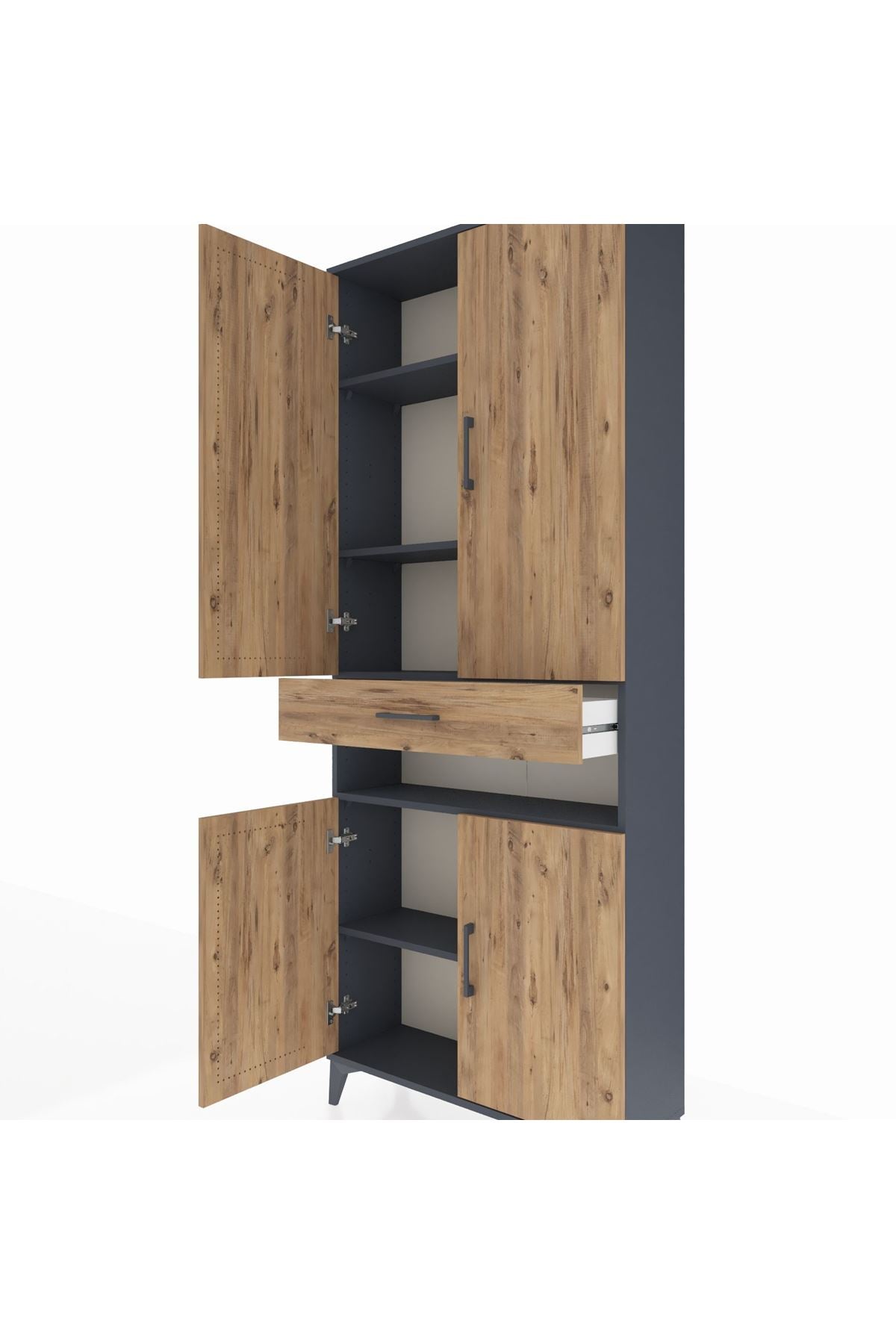 Arges Dolap 5 Raflı Tek Çekmeceli 4 Kapaklı 88x30x221 Antrasit-Çam