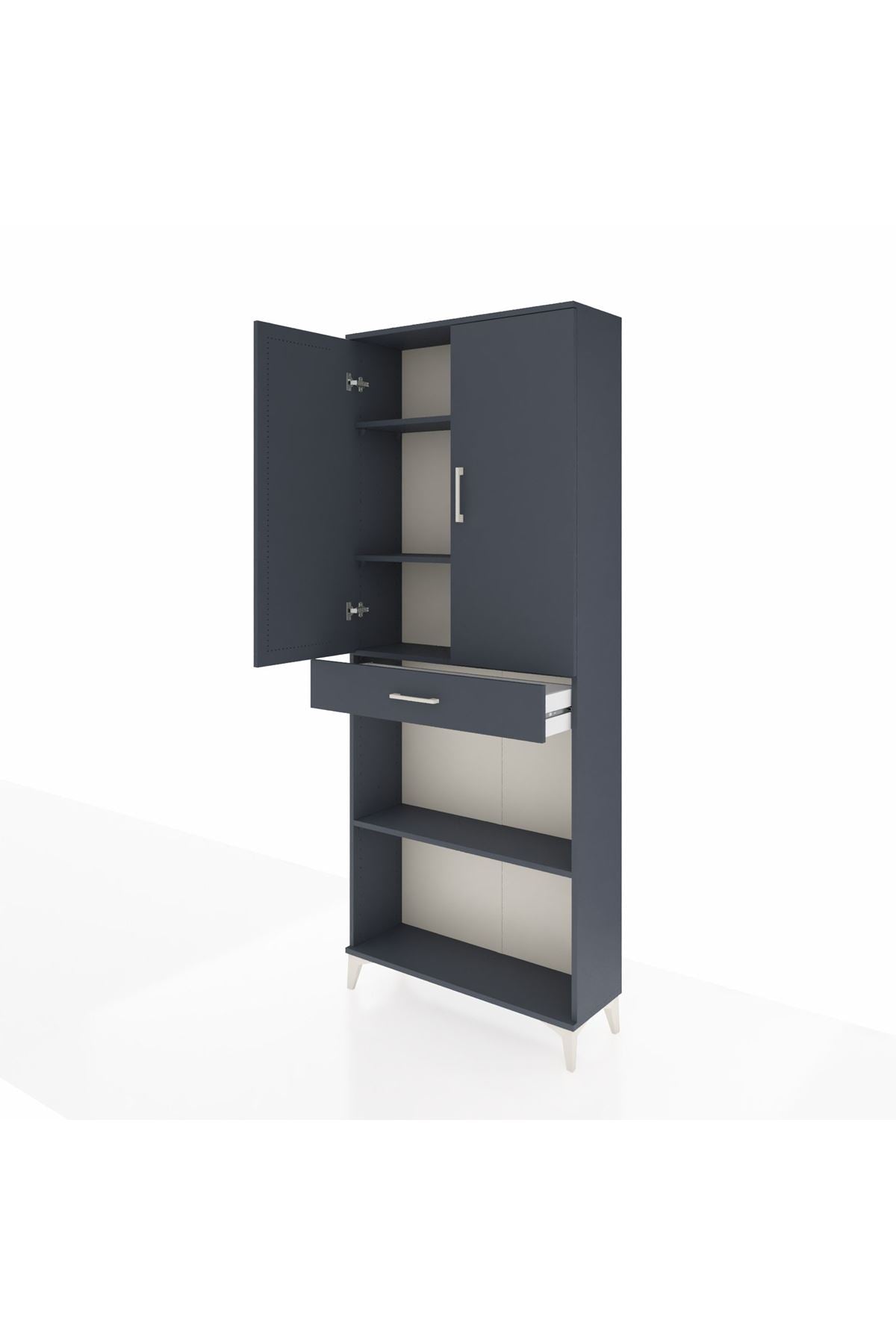 Arges Dolap 4 Raflı Tek Çekmeceli 2 Kapaklı 88x30x221 Antrasit-Antrasit