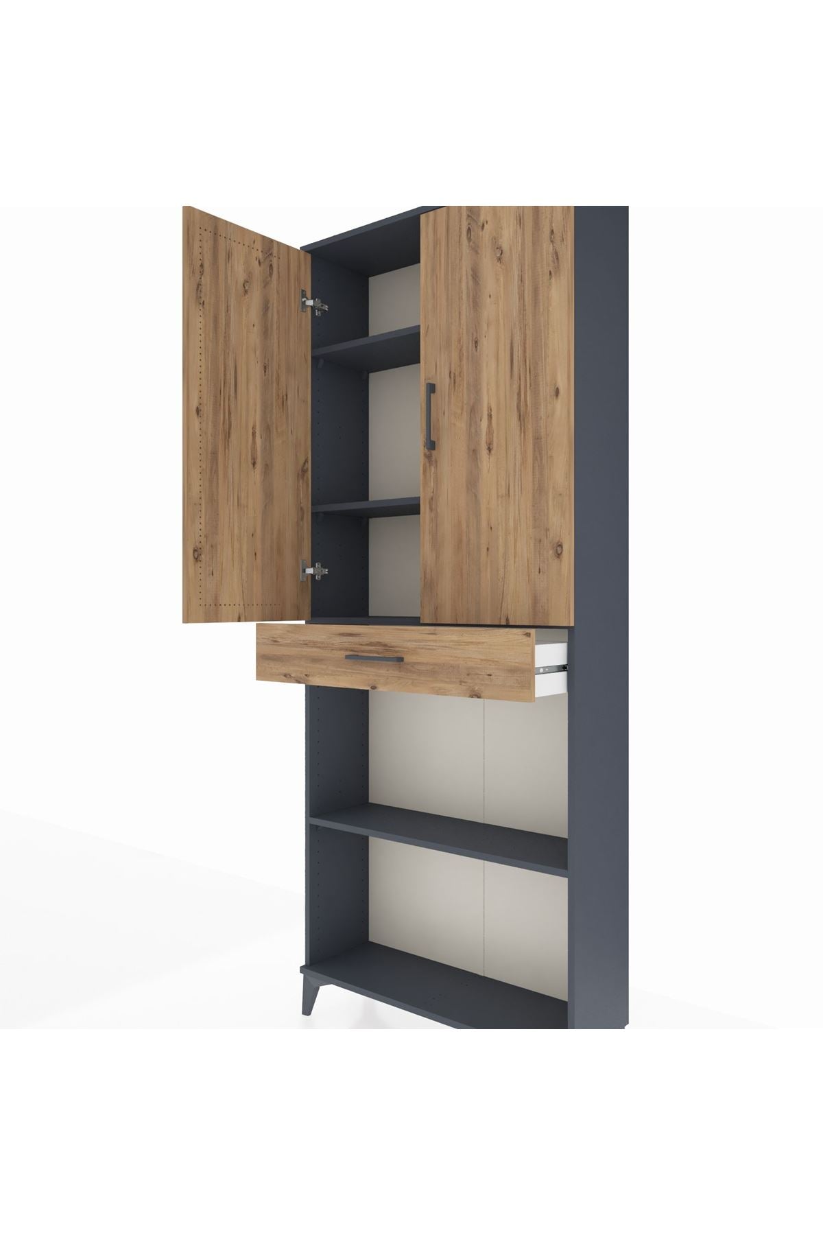 Arges Dolap 4 Raflı Tek Çekmeceli 2 Kapaklı 88x30x221 Antrasit-Çam