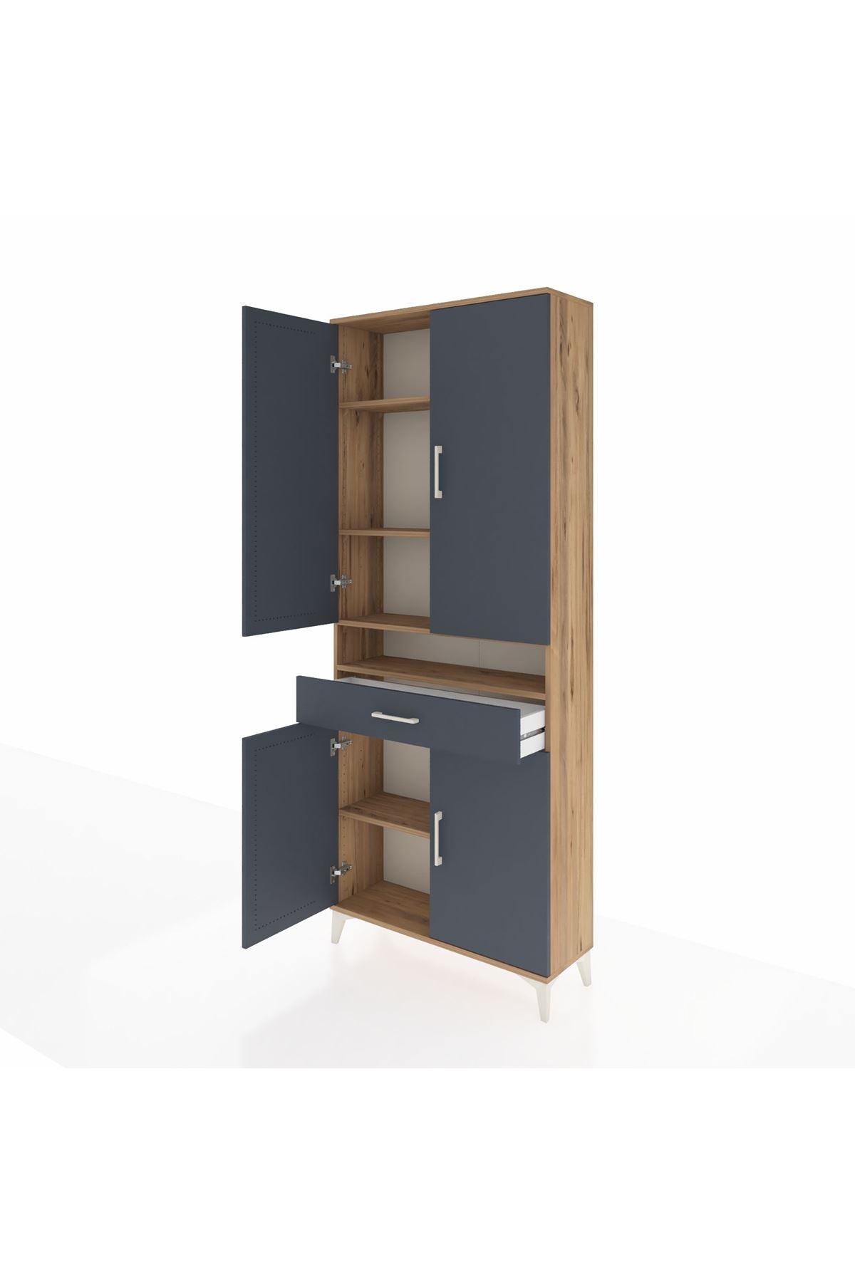 Arges Dolap 5 Raflı Tek Çekmeceli 4 Kapaklı 88x30x221 Çam-Antrasit