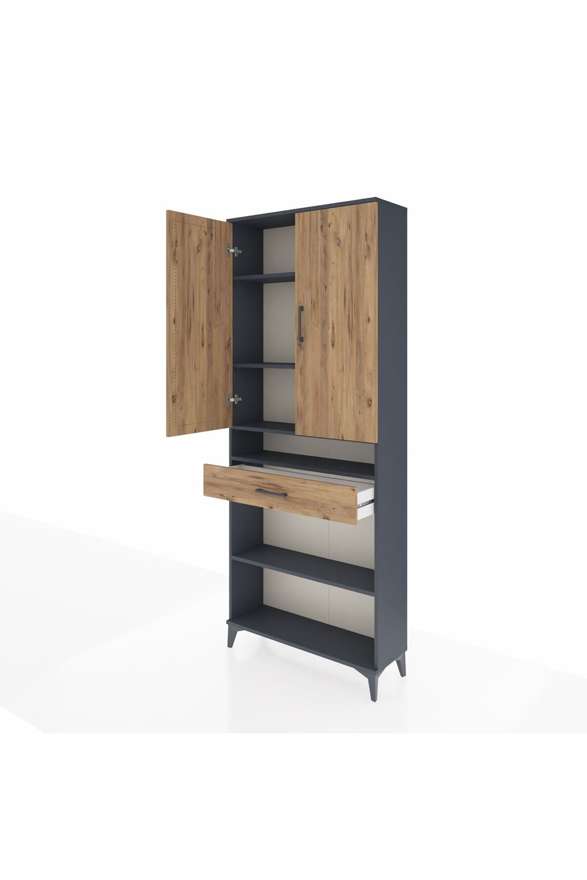 Arges Dolap 5 Raflı Tek Çekmeceli 2 Kapaklı 88x30x221 Antrasit-Çam