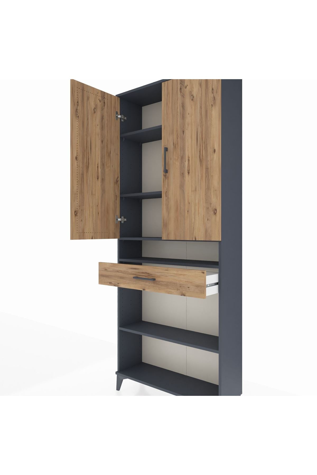 Arges Dolap 5 Raflı Tek Çekmeceli 2 Kapaklı 88x30x221 Antrasit-Çam