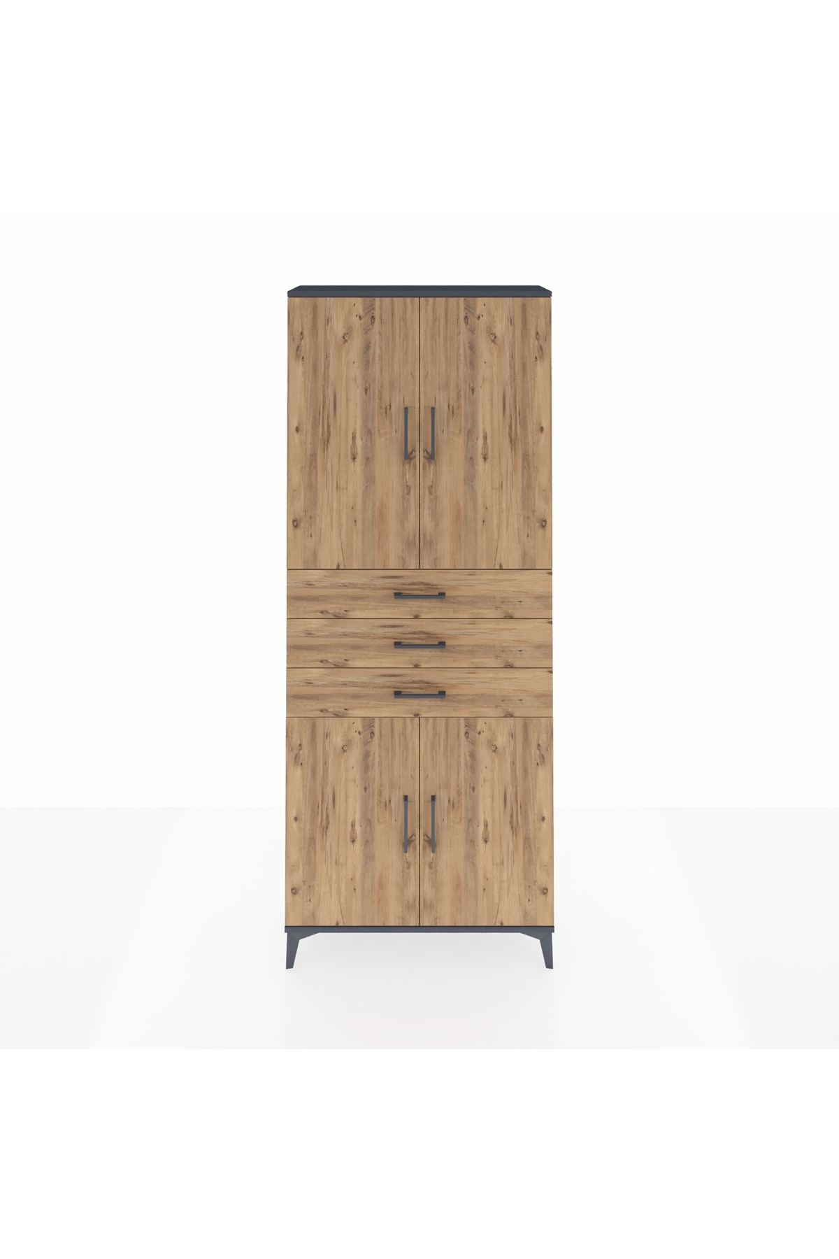 Arges Dolap 4 Raflı 3 Çekmeceli 4 Kapaklı 88x30x221 Antrasit-Çam