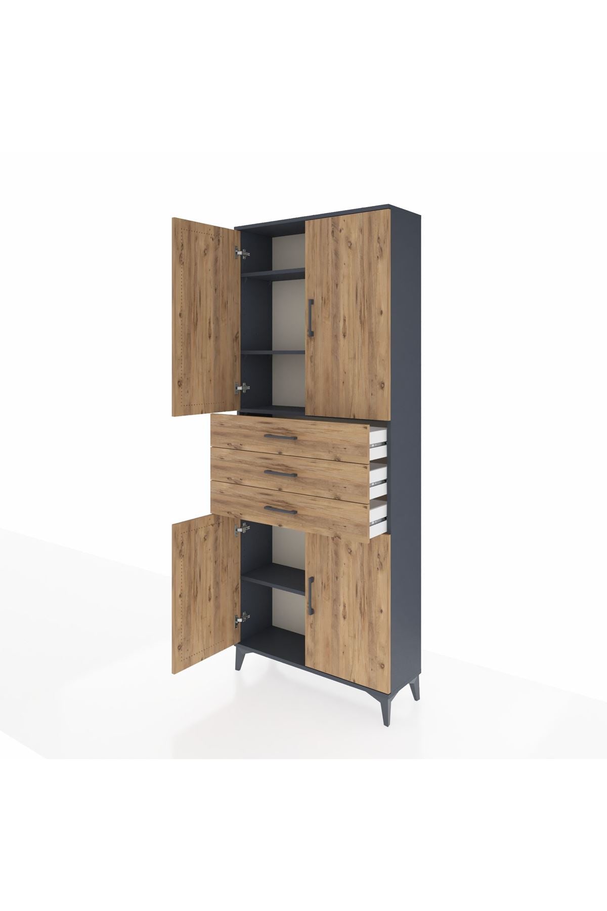 Arges Dolap 4 Raflı 3 Çekmeceli 4 Kapaklı 88x30x221 Antrasit-Çam