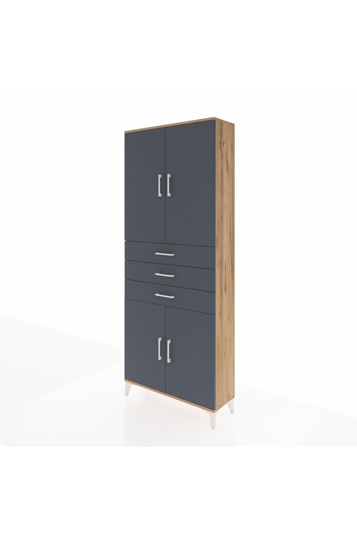 Arges Dolap 4 Raflı 3 Çekmeceli 4 Kapaklı 88x30x221 Çam-Antrasit