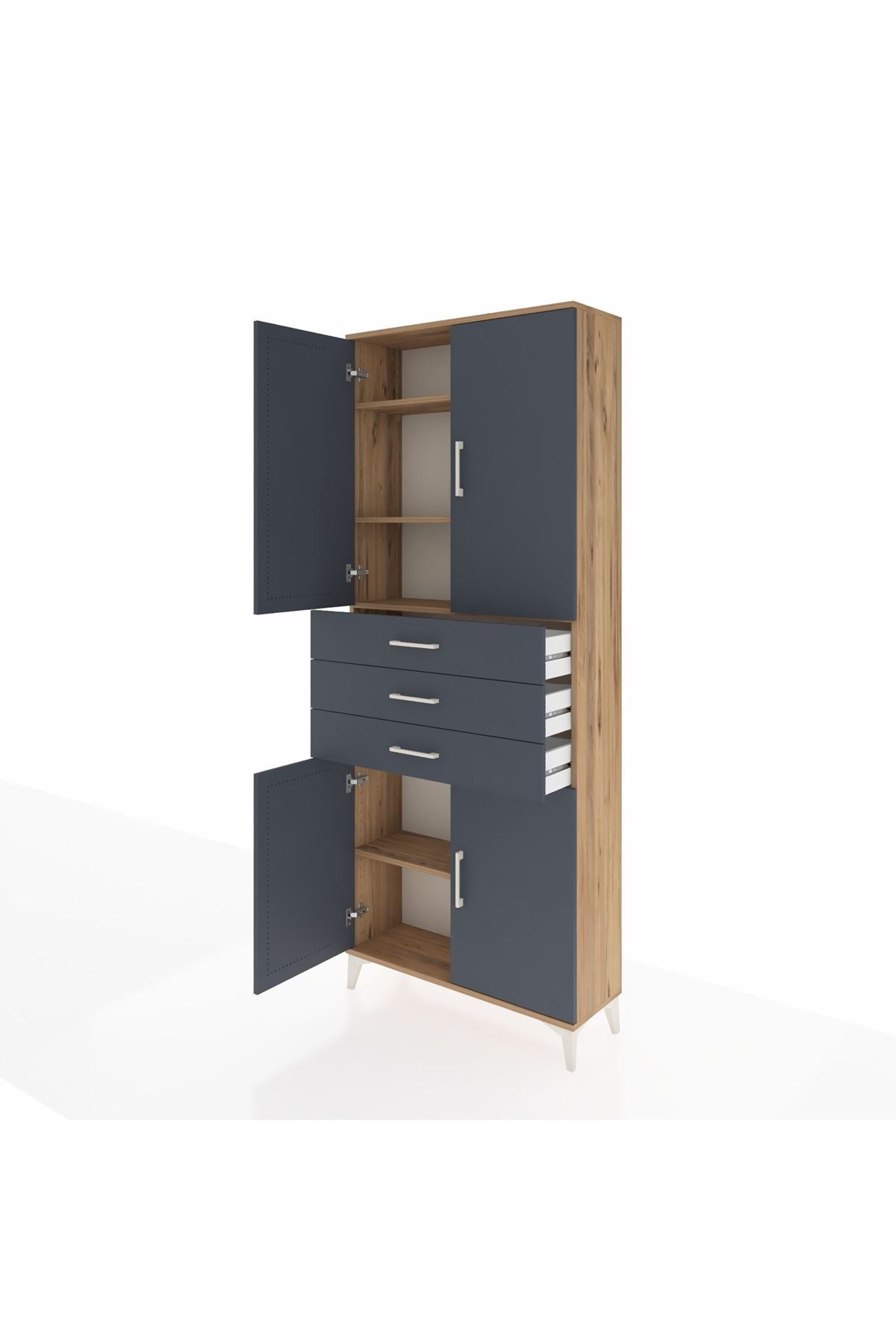 Arges Dolap 4 Raflı 3 Çekmeceli 4 Kapaklı 88x30x221 Çam-Antrasit